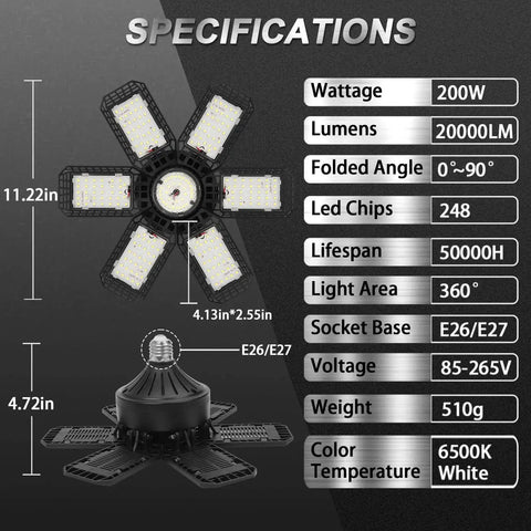 Specifications of Ultra Bright 200W LED Garage Light With Six Plus One Deformable Panels, 20,000 Lumens 6500K Shop Lights By AUDLES