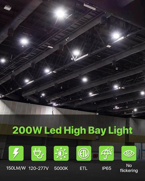 200W UFO LED High Bay Light 6 Pack Beast Bright 30,000 Lumens at 150 Lumens Per Watt, 100-277V IP65 in warehouse ceiling