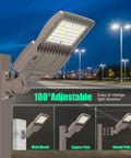 Front view of Powerful 200W Outdoor LED Parking Lot Light With 30000LM Output, 5000K Daylight, adjustable on arm mount