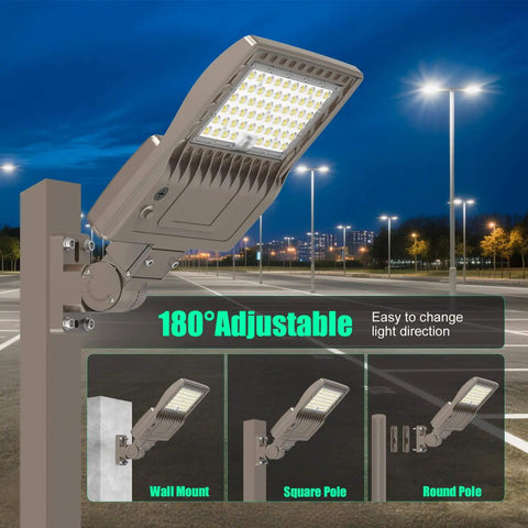 Front view of Powerful 200W Outdoor LED Parking Lot Light With 30000LM Output, 5000K Daylight, adjustable on arm mount