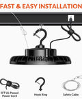 200W LED High Bay Light UFO Industrial Fixture Killer Brightness 28,000 LM shown with installation features