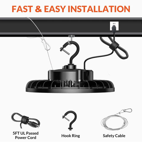 200W LED High Bay Light UFO Industrial Fixture Killer Brightness 28,000 LM shown with installation features