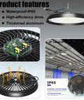 Eight Pack 200W LED High Bay Light UFO Style With 30000 Lumen 6000K Daylight showing features like waterproof and thickened aluminum