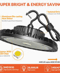 Side view of 200W LED High Bay Light UFO Industrial Fixture Killer Brightness 28,000 LM with US Plug, IP65 Waterproof Cable Visible