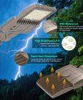 Image showcases Powerful 200W Outdoor LED Parking Lot Light With 30000LM Output, 5000K Daylight, IP65 Waterproof, installed on pole in rain.