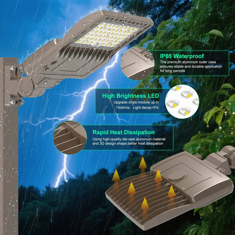 Image showcases Powerful 200W Outdoor LED Parking Lot Light With 30000LM Output, 5000K Daylight, IP65 Waterproof, installed on pole in rain.