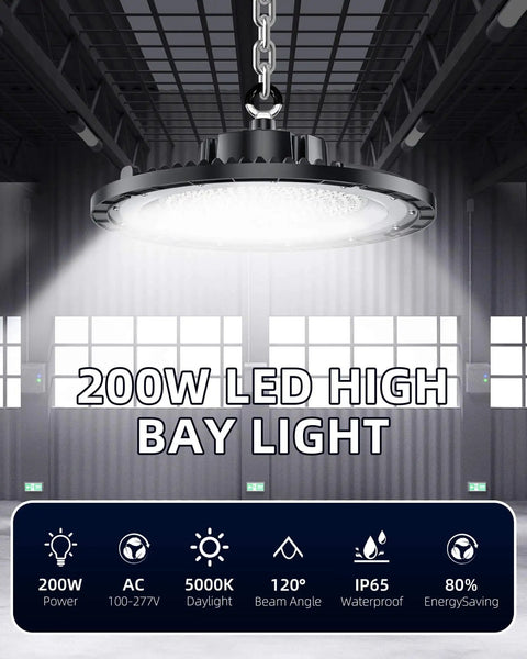Industrial Grade 200W UFO LED High Bay Light Delivers 30000 Lumens IP65 5000K Daylight Boss Level Brightness in warehouse