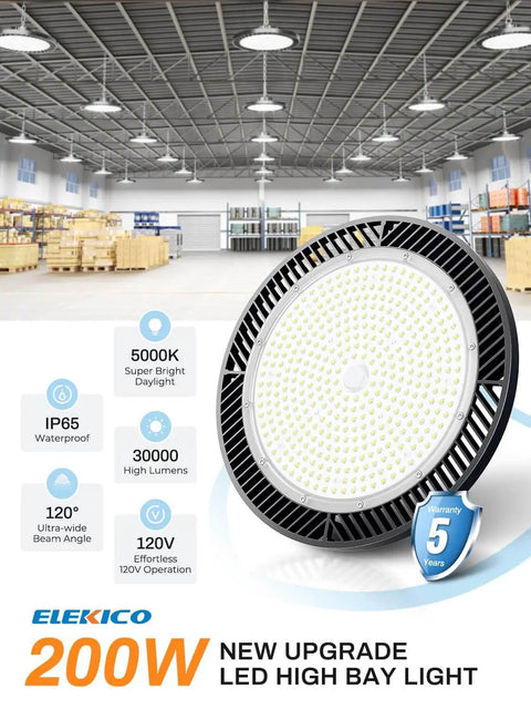 Ultra Bright 200W UFO LED High Bay Light With 5000K Daylight And 30000LM, displayed in a warehouse setting.