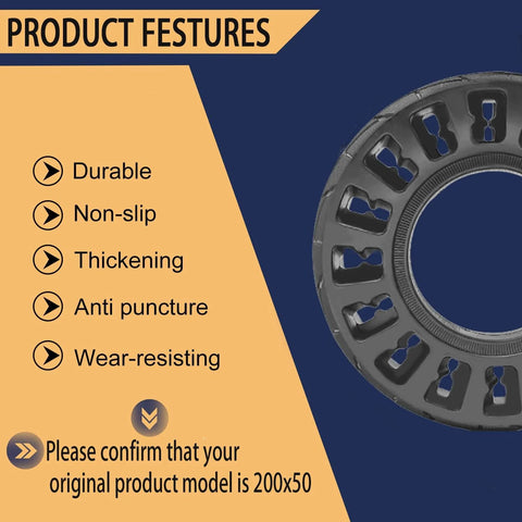 200x50 Solid Tire features image highlighting durability, non-slip, thickening, anti-puncture, and wear-resisting qualities.