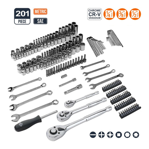 Mechanic's Socket Tool Set With Case, SAE and Metric Sizes, 201-Piece showing sockets, hex keys, and bits in chrome-vanadium.