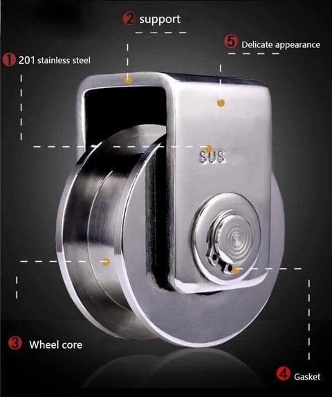 Pulley Wheel, 201 Stainless Steel Bearing Pulley Wire Rope Pulley with V-h-Shaped Groove in side view showing support and gasket