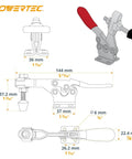 Technical diagram of 8 Pack 300 Lbs 201B Quick Release Horizontal Toggle Clamps with anti-slip rubber tips for woodworking jigs and welding.