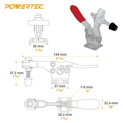 Technical diagram of 8 Pack 300 Lbs 201B Quick Release Horizontal Toggle Clamps with anti-slip rubber tips for woodworking jigs and welding.