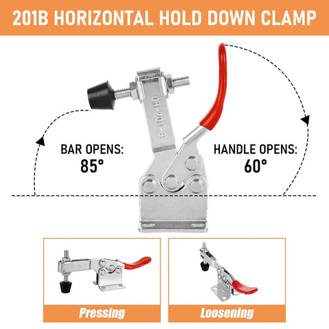 12 Pack 201B Toggle Clamps For Woodworking And Metalworking With Quick Release, bar and handle open angles, rubber tips visible