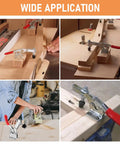 12 Pack 201B Toggle Clamps for woodworking and metalworking shown in various workshop applications