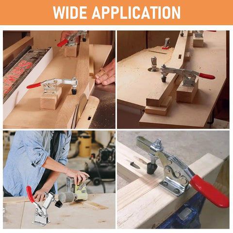 12 Pack 201B Toggle Clamps for woodworking and metalworking shown in various workshop applications