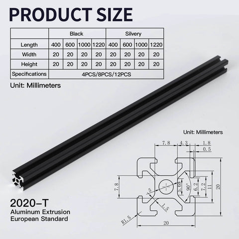Diagram showing 4pcs 1000mm T Slot 2020 Aluminum Extrusion European Standard Anodized Linear Rail for 3D Printer Parts and CNC DIY Black.