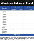 Table showing lengths of 2020 and 2040 series aluminum extrusions including 1220mm V-Slot option for industrial use.