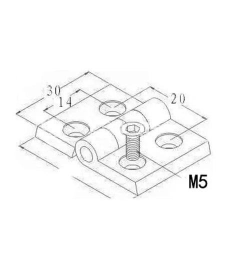 Technical drawing of 2020 Aluminum Profile Accessory Zinc Alloy Silver Hinge for Extrusion Profile, showing dimensions and screw placement.