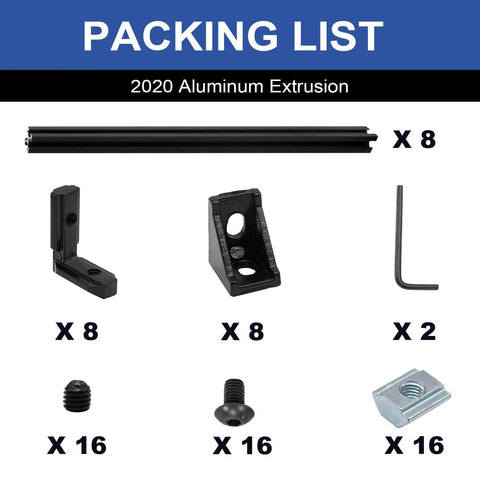Packing list for 8Pack 2020 Aluminum Extrusion V-Slot 1220mm 48 inch Black Extruded Aluminum Profile with brackets and screws