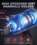 2025 upgraded IGBT handheld welder with performance and lifetime stats, smooth arc, compact design, and efficient cooling system display