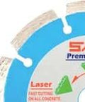 Close-up of a segmented diamond blade for cutting concrete, showing segment design and laser labeling.