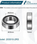 Diagram and side view of 2 Pack 203510-2RS Ball Bearings Non Standard 20mm ID 35mm OD 10mm Thick Double Rubber Sealed Chrome Steel Heavy Duty Bearings For Industrial Machinery Uxcell