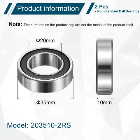Diagram and side view of 2 Pack 203510-2RS Ball Bearings Non Standard 20mm ID 35mm OD 10mm Thick Double Rubber Sealed Chrome Steel Heavy Duty Bearings For Industrial Machinery Uxcell