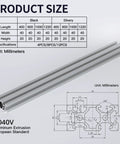 Four 600mm 2040 V-slot aluminum profiles with anodized finish, product dimensions and technical drawing shown for precise DIY projects