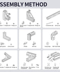 Assembly instructions for 8pcs 1000mm 2040 V-Slot Extrusion Aluminum Profile, showing connectors, bolts, and hinge methods.