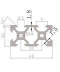 Technical diagram of Five Pack 2040 V Slot Aluminum Extrusion 48 Inch 1220mm Long Modular Framing with measurements and angles