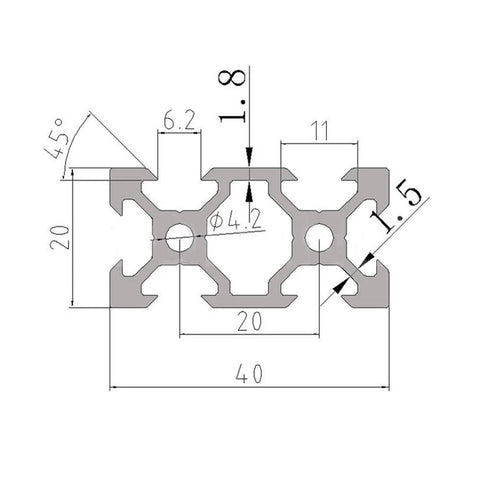 Technical diagram of Five Pack 2040 V Slot Aluminum Extrusion 48 Inch 1220mm Long Modular Framing with measurements and angles