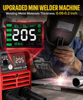 205 Amp Mini Stick Welder 110V With Lift TIG Inverter Arc Welder for DIYers shown welding metal, MMA205 display visible