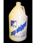 Front view of mop stripper jug, white plastic gallon bottle with blue label and Sam brand.