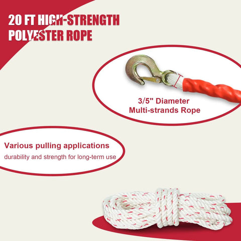 Close-up of dual hook and 20 ft 0.6-inch diameter rope, highlighting features of 1.5 Ton Rope Puller With 20 Ft Of 0.6 Inch Rope Dual Hook Come Along Winch.