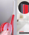 Installing 20Ft T-Shaped Silicone Weather Stripping Seal on door, showing double-sided adhesive and red silicone material.