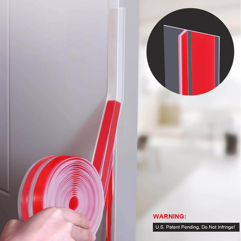 Installing 20Ft T-Shaped Silicone Weather Stripping Seal on door, showing double-sided adhesive and red silicone material.