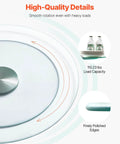 Close-up of 20 Inch Glass Lazy Susan Turntable showing smooth 360 rotation, load capacity details, and finely polished edges.