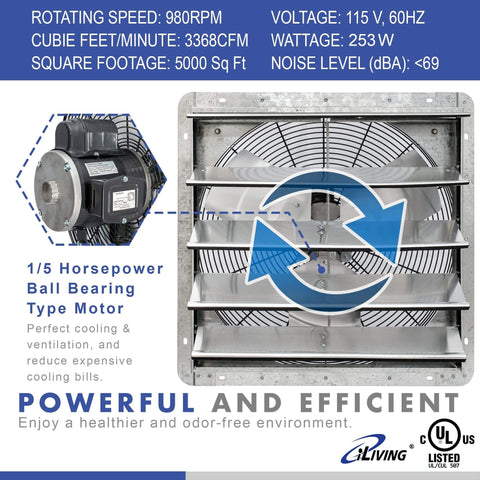 20 Inch Wall Mounted Shutter Exhaust Fan With Automatic Shutter And Variable Speed Controller Thermostat 3368 CFM For Up To 5000 Sq Ft Coverage Silver Heavy Duty Industrial Ventilation