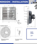 Dimensions and installation for 20 Inch Wall Mounted Shutter Exhaust Fan With Automatic Shutter And Variable Speed Controller Thermostat 3368 CFM