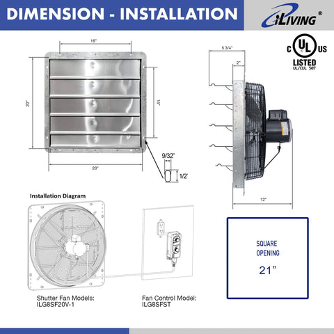 Dimensions and installation for 20 Inch Wall Mounted Shutter Exhaust Fan With Automatic Shutter And Variable Speed Controller Thermostat 3368 CFM