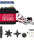 20KG RC Servo High Torque Servo Motors, Waterproof Full Metal Gear Steering Servo, box contents displayed