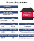 20KG RC Servo High Torque Servo Motors product parameters table including torque, speed, size, voltage, and gear type specifications.