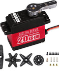 20KG RC Servo High Torque Servo Motors, Waterproof Full Metal Gear Steering Servo for 1/6 1/8 1/10 1/12 RC Car Robot DIY, Digital Servo with 25T Servo Horn, Control Angle 180°, shown with accessories.