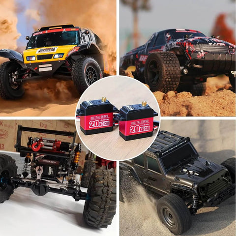 Collage of RC cars and robots with 20KG RC Servo High Torque Servo Motors, Waterproof Full Metal Gear Steering Servo, Digital Servo shown in center.