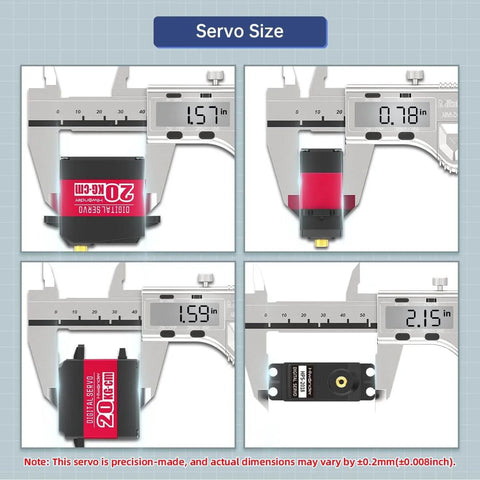20KG RC Servo High Torque Servo Motors with digital caliper measuring 1.57 and 1.59 inches in different views