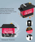 Image showing the anodized aluminum case of the 20KG RC Servo High Torque Servo Motors, Waterproof Full Metal Gear Steering Servo for 1/6 1/8 1/10 1/12 RC Car Robot DIY, Digital Servo with 25T Servo Horn, Control Angle 180°.