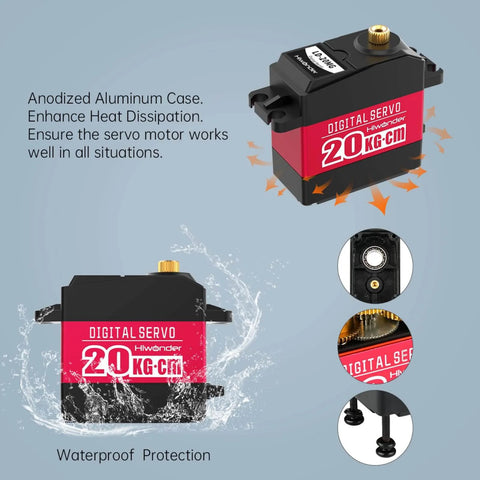 Image showing the anodized aluminum case of the 20KG RC Servo High Torque Servo Motors, Waterproof Full Metal Gear Steering Servo for 1/6 1/8 1/10 1/12 RC Car Robot DIY, Digital Servo with 25T Servo Horn, Control Angle 180°.