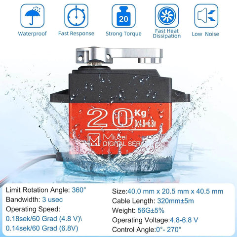 20KG Servo Motor High Torque Digital Servo Metal Gear Waterproof for 1/8, 1/10 RC Model DIY Car Robot, DS3218, Control Angle 270 Degree shown submerged in water.