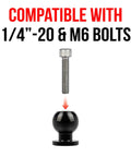 Image of 20mm Aluminum Ball with 1/4"-20 (6mm) Thru Hole, bolt above, compatibility text, Enduro 20 Series, hardware not included.
